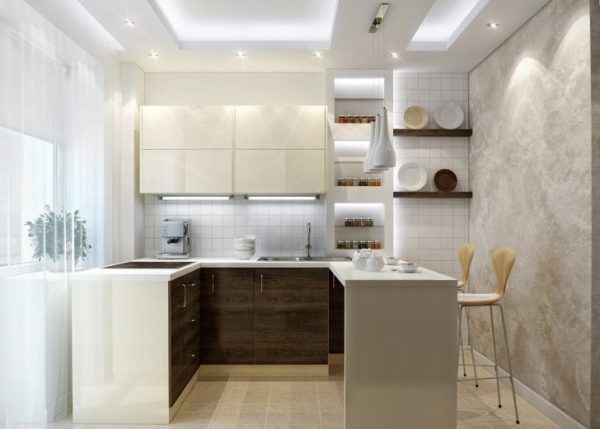маленькая кухня с белым потолком из гипсокартона