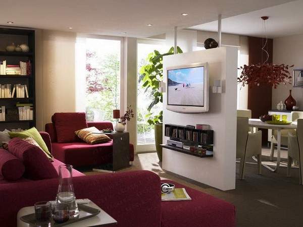 Дизайн однокомнатной квартиры - разделить на две зоны перегородкой с ТВ