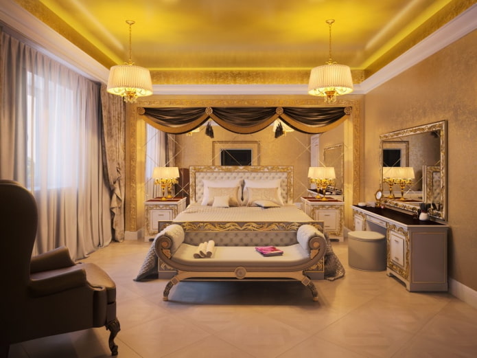 золотой потолок в интерьере спальни