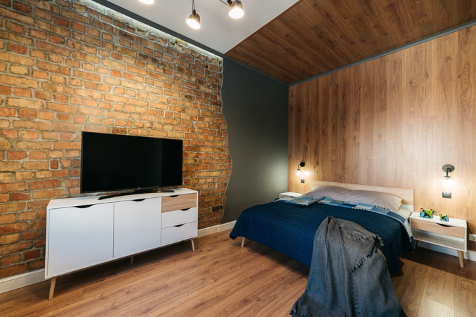 отделка стен в спальне в индустриальном стиле
