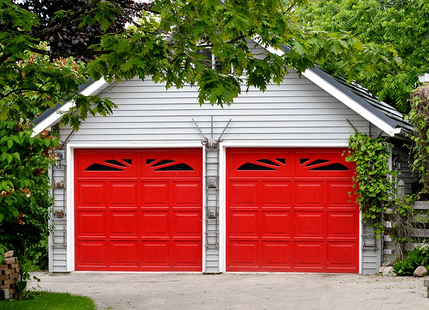 2 car garage with red doors