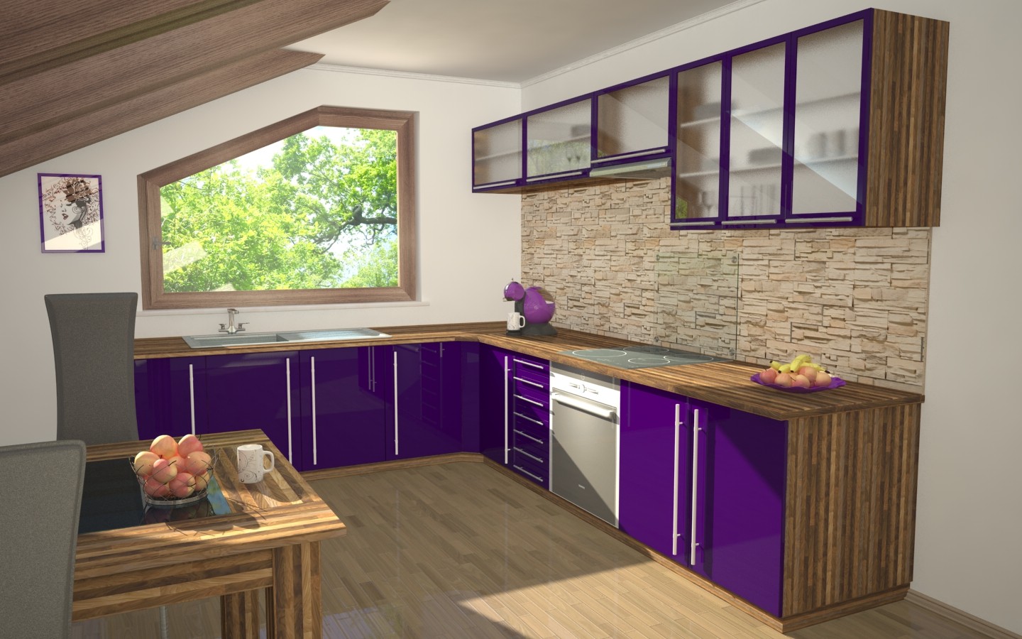 Фиолетовая кухня с деревом