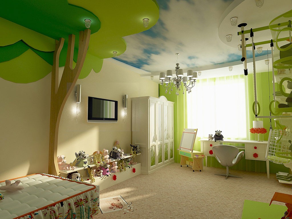 Оливковый потолок в детской комнате