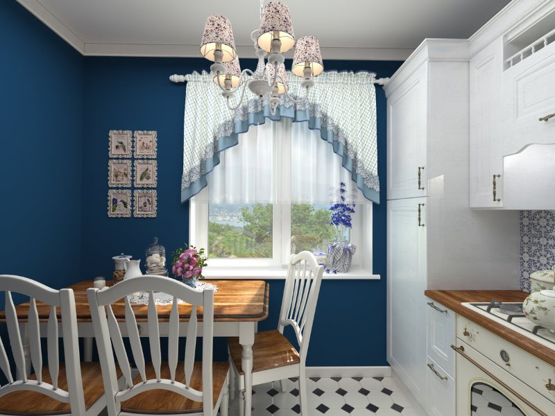 Дизайн кухни стиля прованс с синими стенами