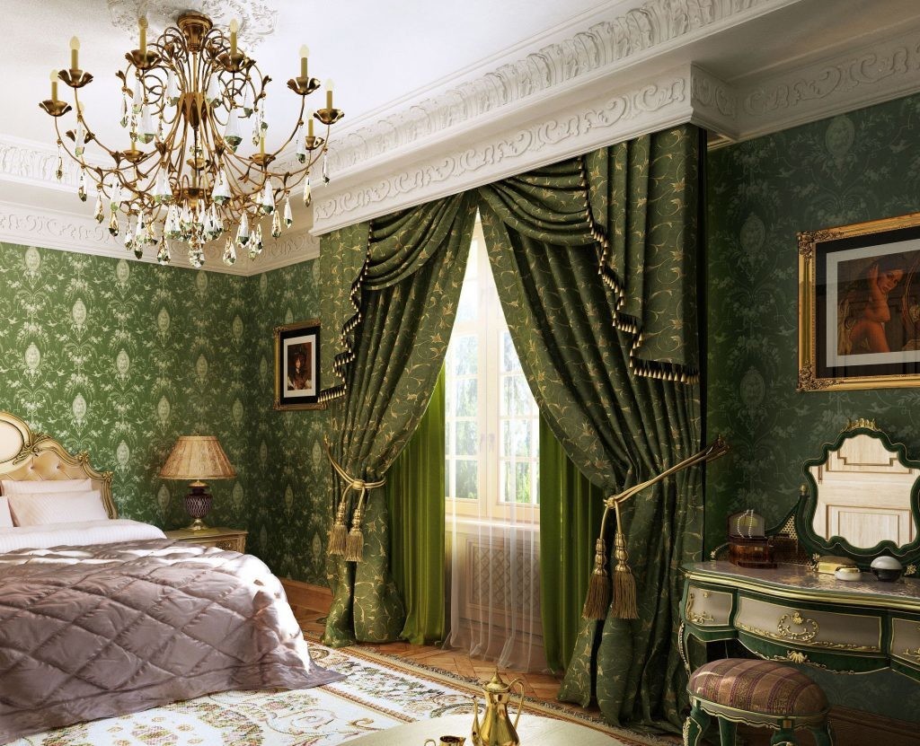 Зеленые шторы на скрытом карнизе в спальне барокко