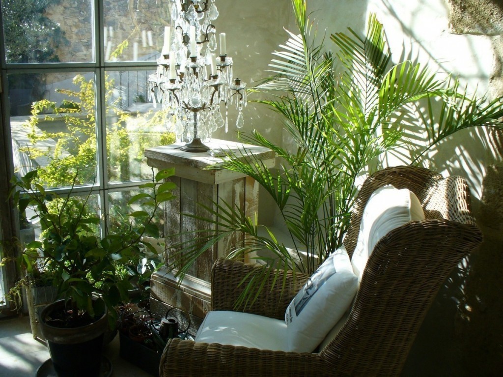 Кресло на балконе с живыми растениями
