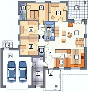 План частного дома из пяти комнат с гаражом на два автомобиля