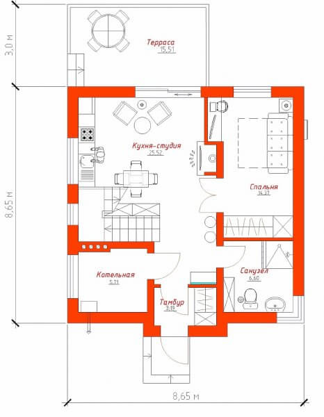 Планировка первого этажа двухэтажного частного дома размером в плане 8 на 8 метров
