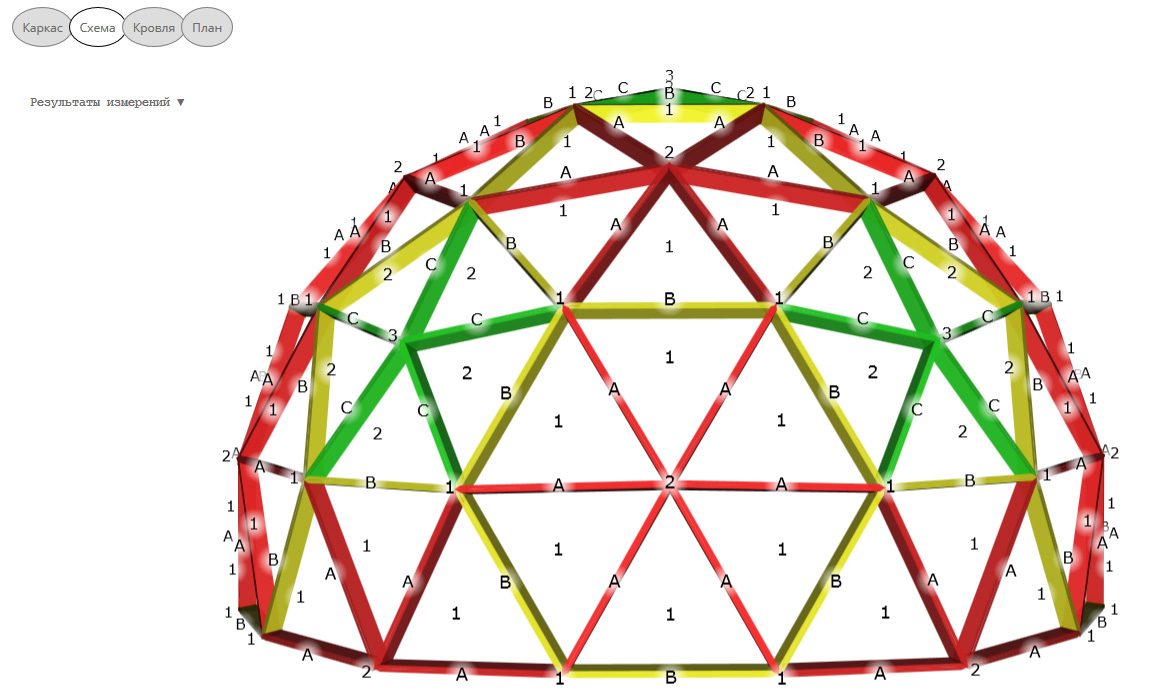 На схеме купола показаны обозначения рёбер, граней и вершин.