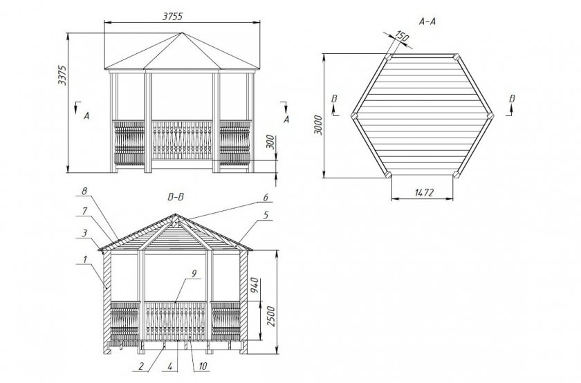 Чертёж шестигранной беседки