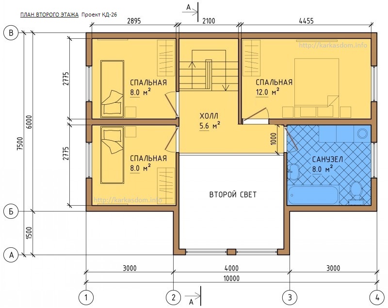 План второго этажа, 4 спальни, каркасного дома 6х10 137м/кв