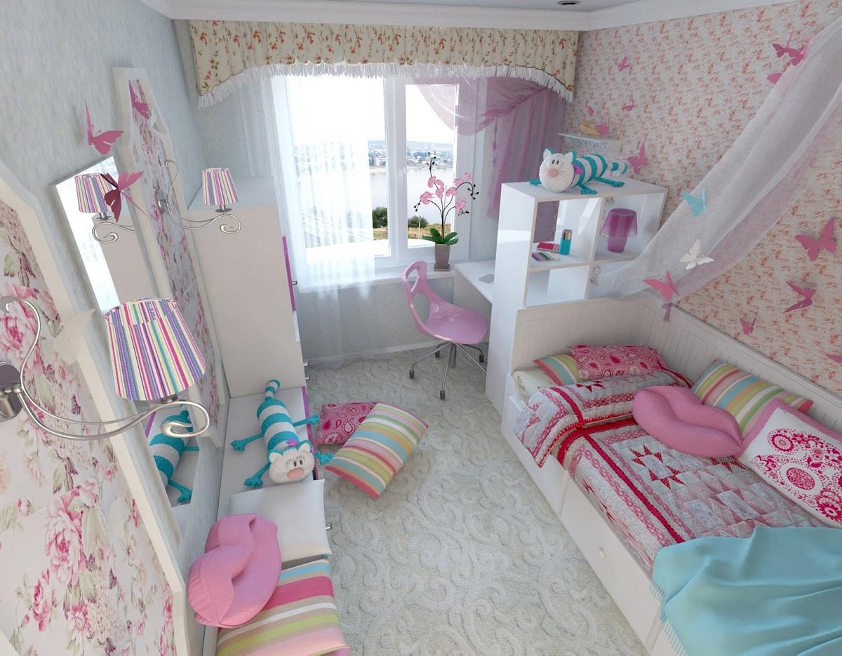 При оформлении детской комнаты 10 кв. м для девочки стоит использовать отделочные материалы с тематическими изображениями 
