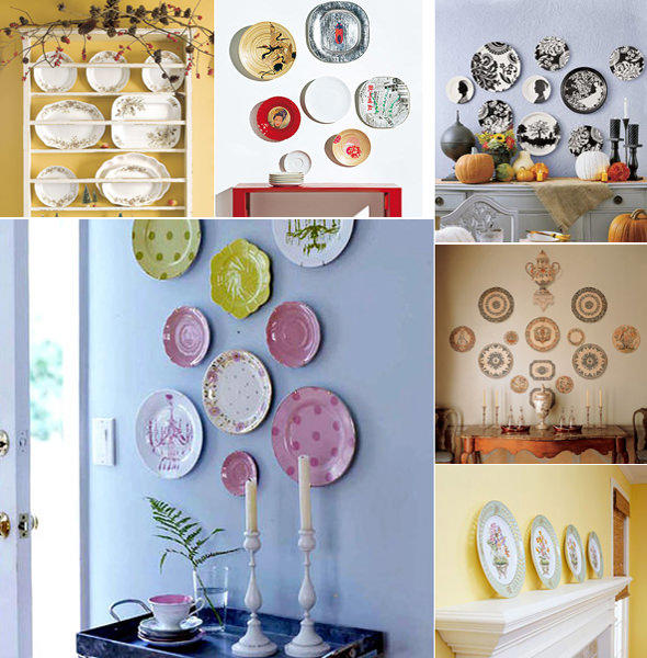 Коллаж из тарелок со всевозможными рисунками - отличная идея разбавить интерьер кухни новыми красками