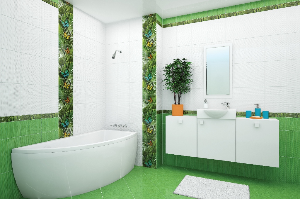 Бабочки и зеленые оттенки в ванной комнате