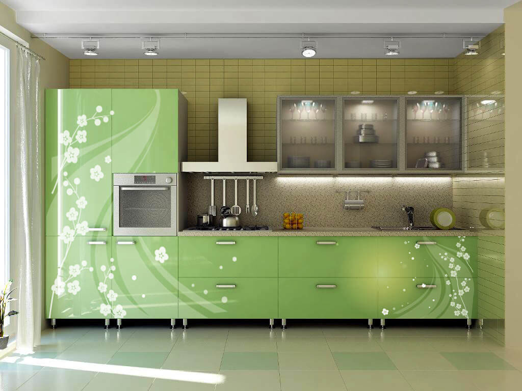 Кухонный эмалированный МДФ фасадом с декором в виде рисунка