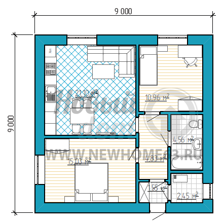 Планировка коттеджа 9х9 м для проживания 2-4 человек с двумя спальными комнатами, одну из которых можно использовать как кабинет, общей зоной кухни и гостиной.