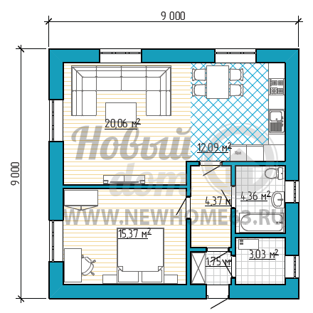 Планировка дома 9х9 м для комфортного проживания 2-3 человек с просторной спальной, большой гостиной и удобной кухней-столовой.