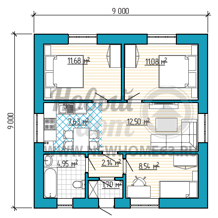 Планировка квадратного коттеджа 9 на 9 метров с тремя небольшими спальными, общей небольшой зоной кухни и гостиной.