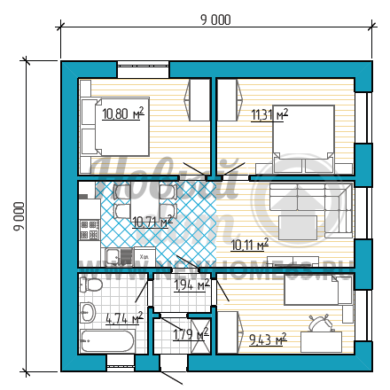 Планировка коттеджа 9х9 м с тремя небольшими спальными