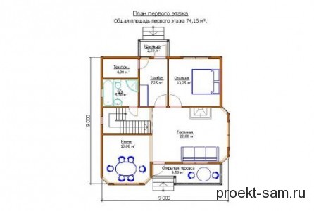 план 1-го этажа дома с мансардой 9x9