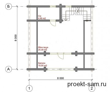 план одноэтажного дома с мансардой 8x8