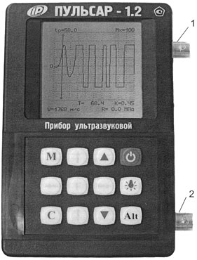 Рис. 2. Внешний вид прибора Пульсар-1.2: 1 - вход приемника; 2 - выход излучателя