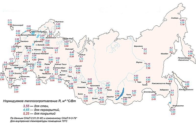 Карта-схема для определения нормированного значения сопротивления теплопередаче по климатическим регионам России