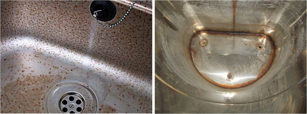 Примеры коррозии изделий из нержавеющей стали: слева – питтиновое поражение поверхности, справа – ржавчина активно взялась за сварные швы.