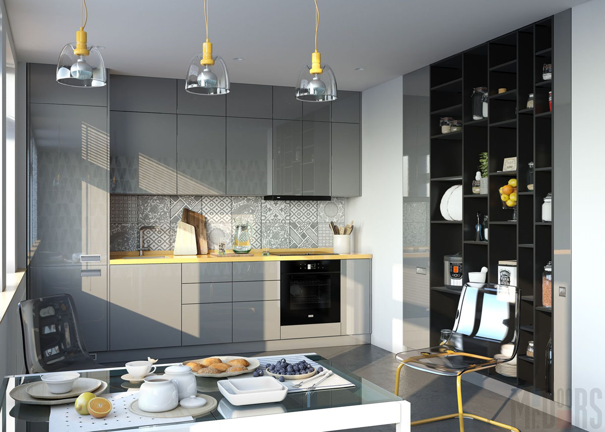 Кухня с серыми глянцевыми фасадами и желтыми элементами интерьера