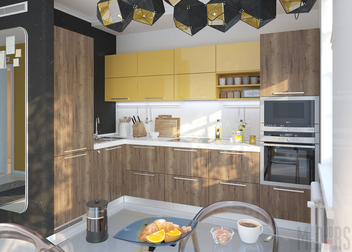 Кухня с желтым декором и комбинированными фасадами