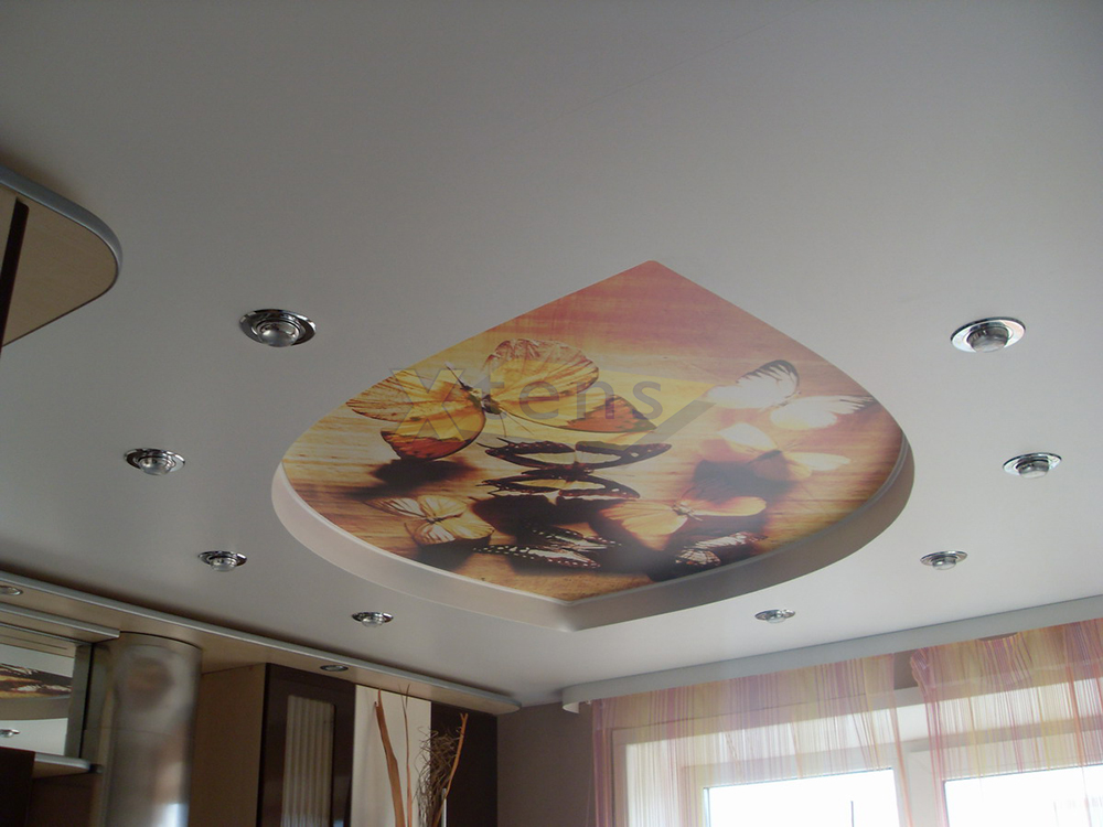 Двухуровневый матовый натяжной потолок с фотопечатью на кухне